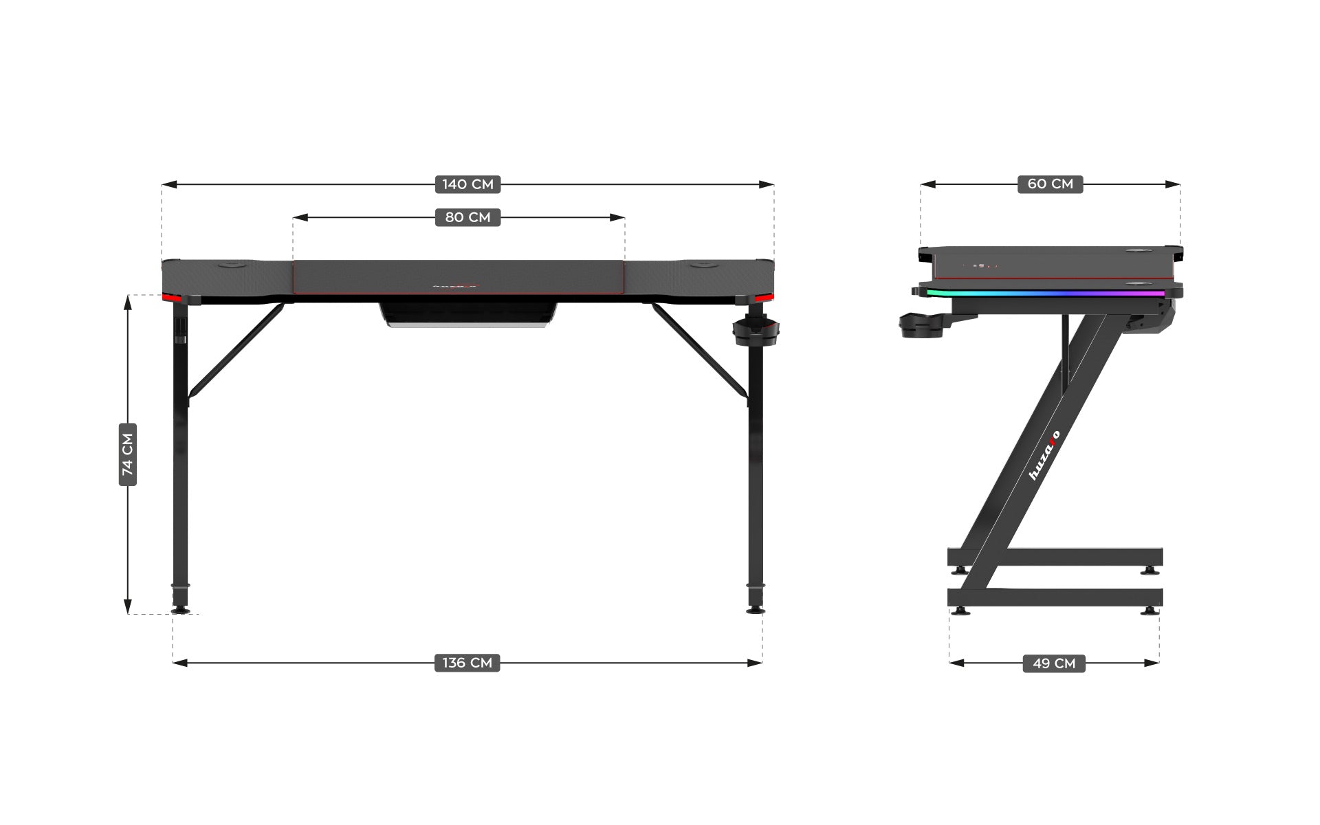 Herní stůl Huzaro Hero 3.3 RGB Black 140 cm