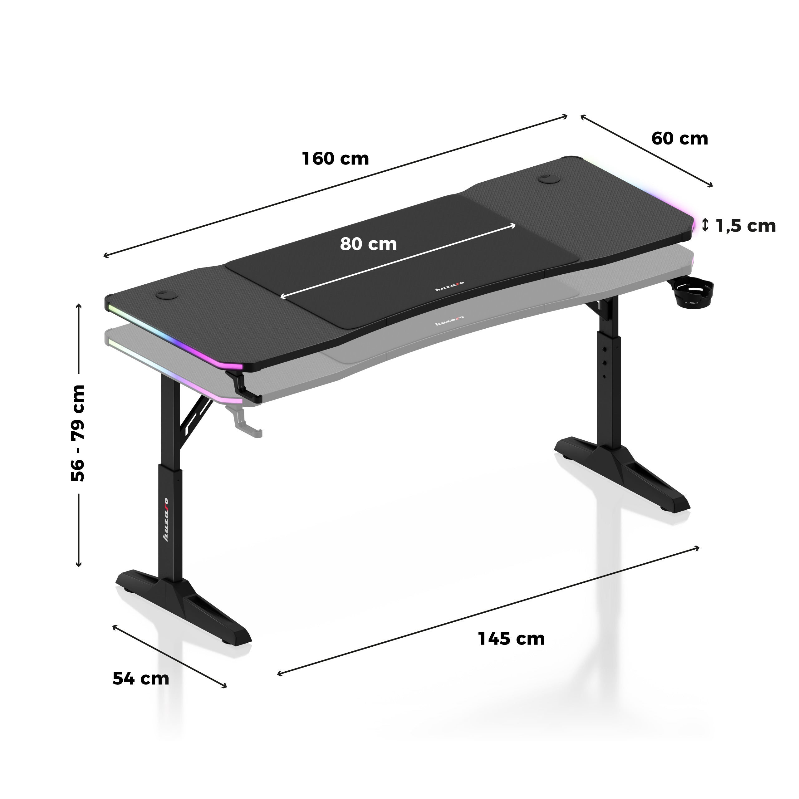 Herní stůl LED Huzaro Hero 4.6 RGB černý 160 cm