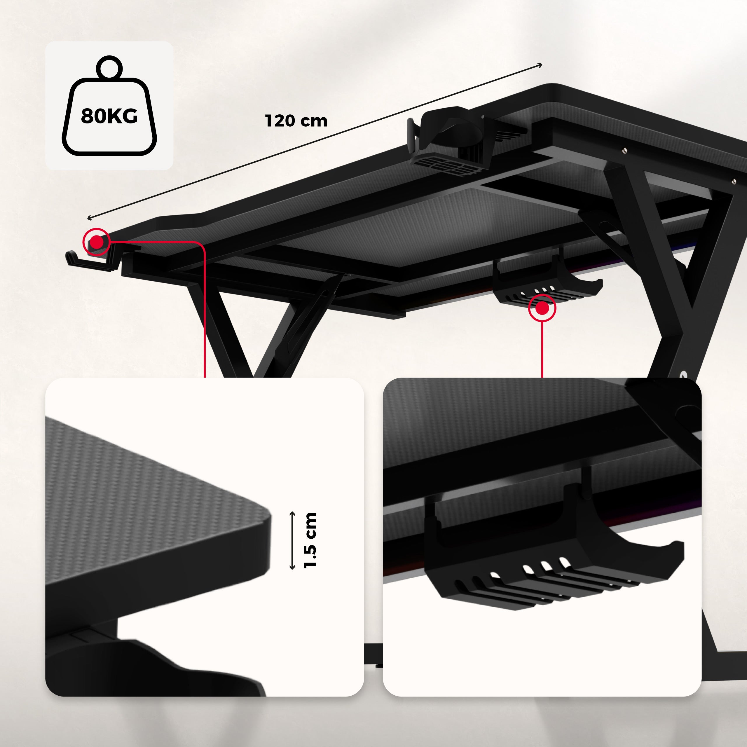 Herní stůl s LED osvětlením Huzaro Hero 2.4 RGB Black