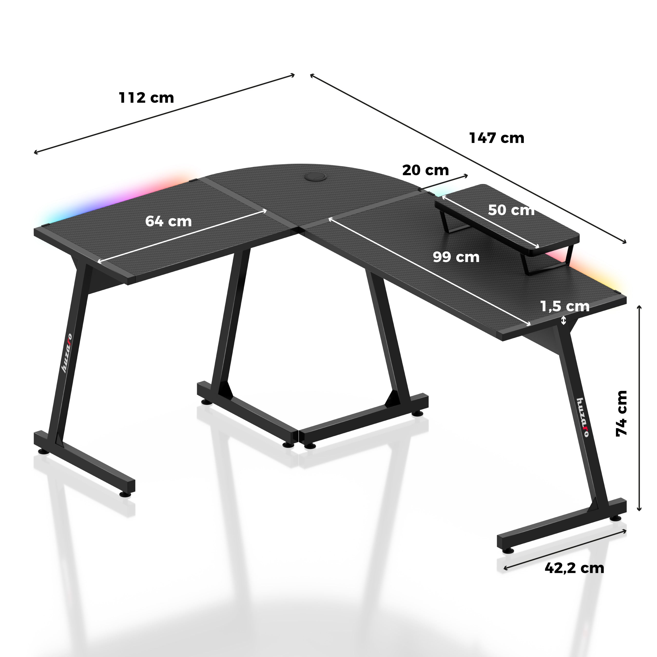 Herní rohový stůl HUZARO Hero 6.0 RGB Smart Black 147 cm