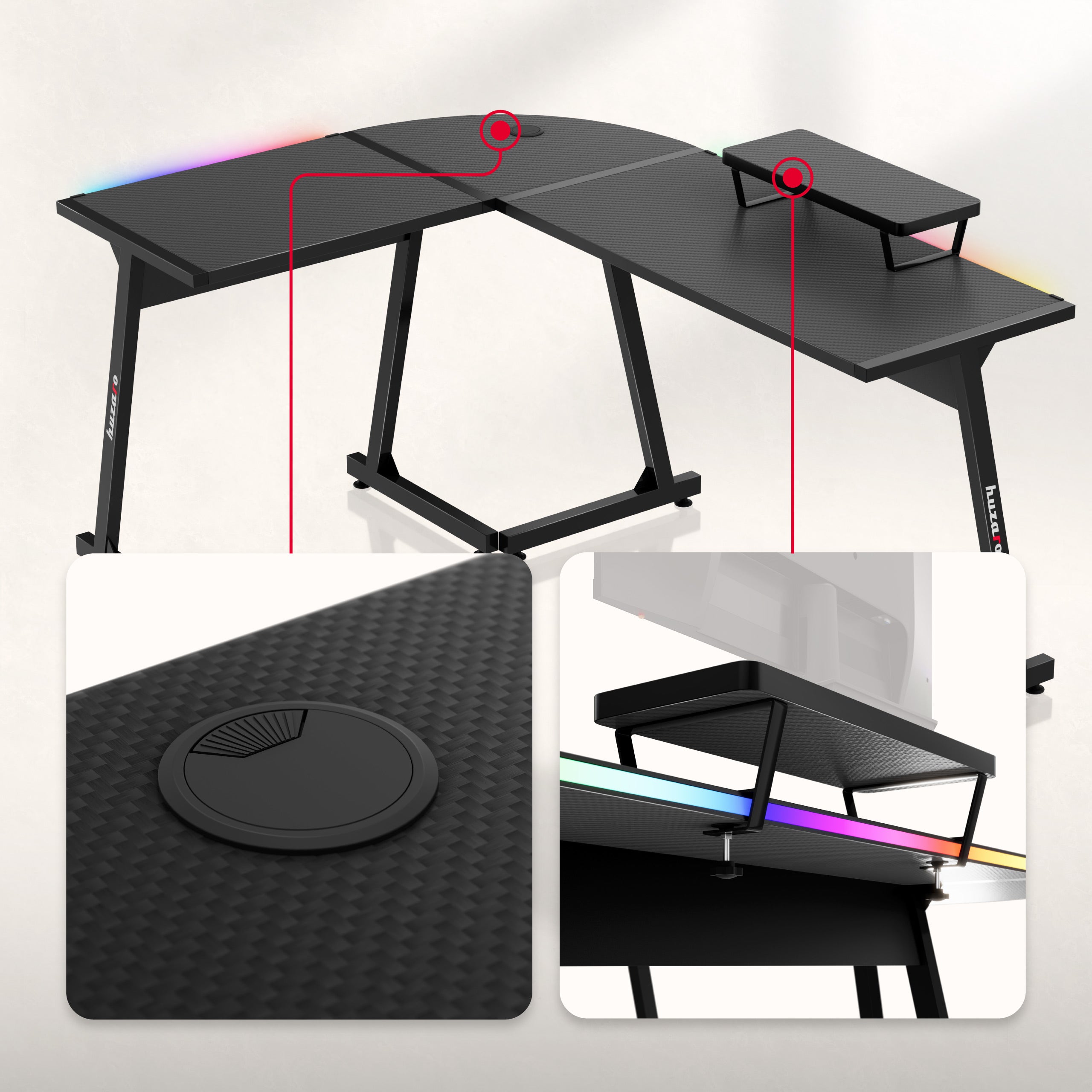 Herní rohový stůl HUZARO Hero 6.0 RGB Smart Black 147 cm
