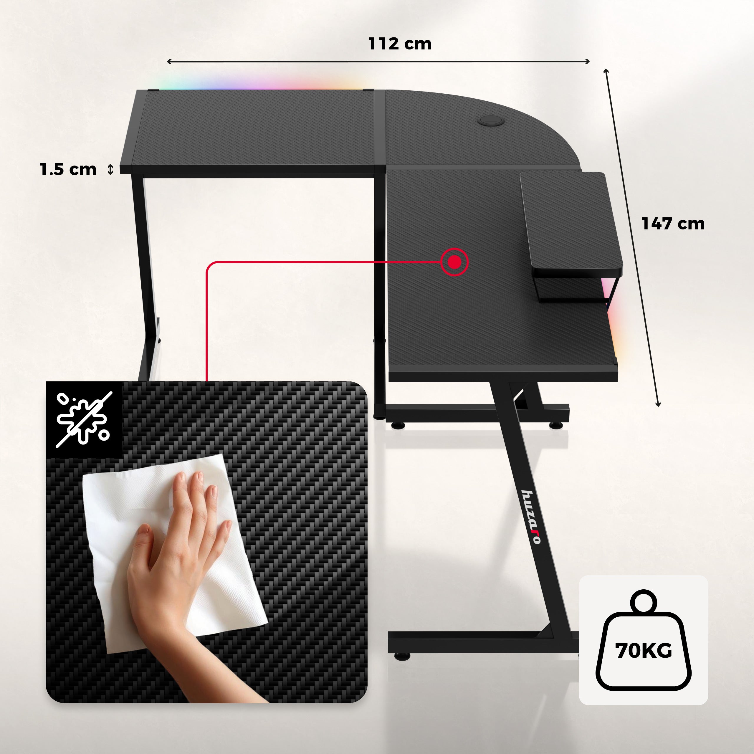 Herní rohový stůl HUZARO Hero 6.0 RGB Smart Black 147 cm