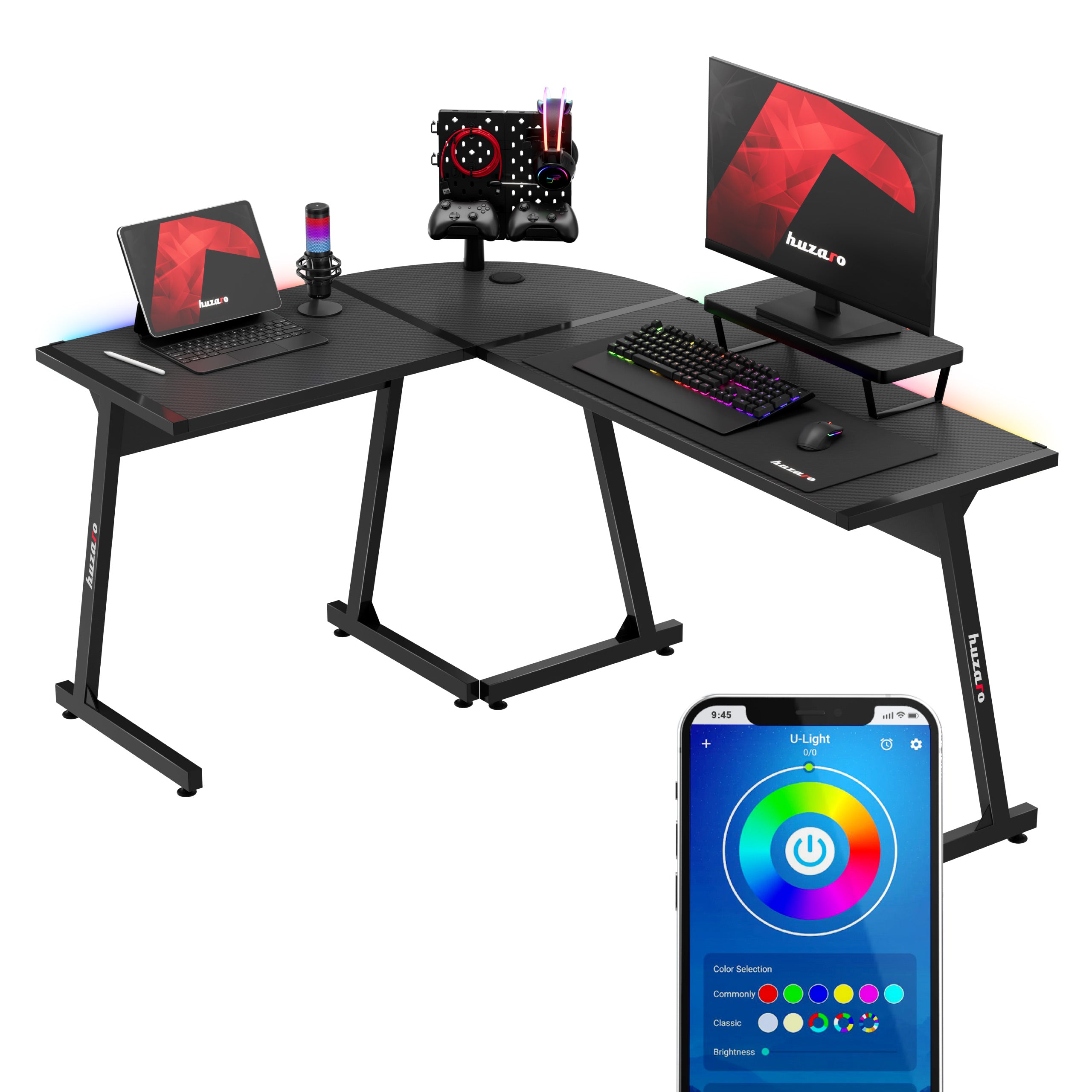 Herní rohový stůl HUZARO Hero 6.0 RGB Smart Black 147 cm