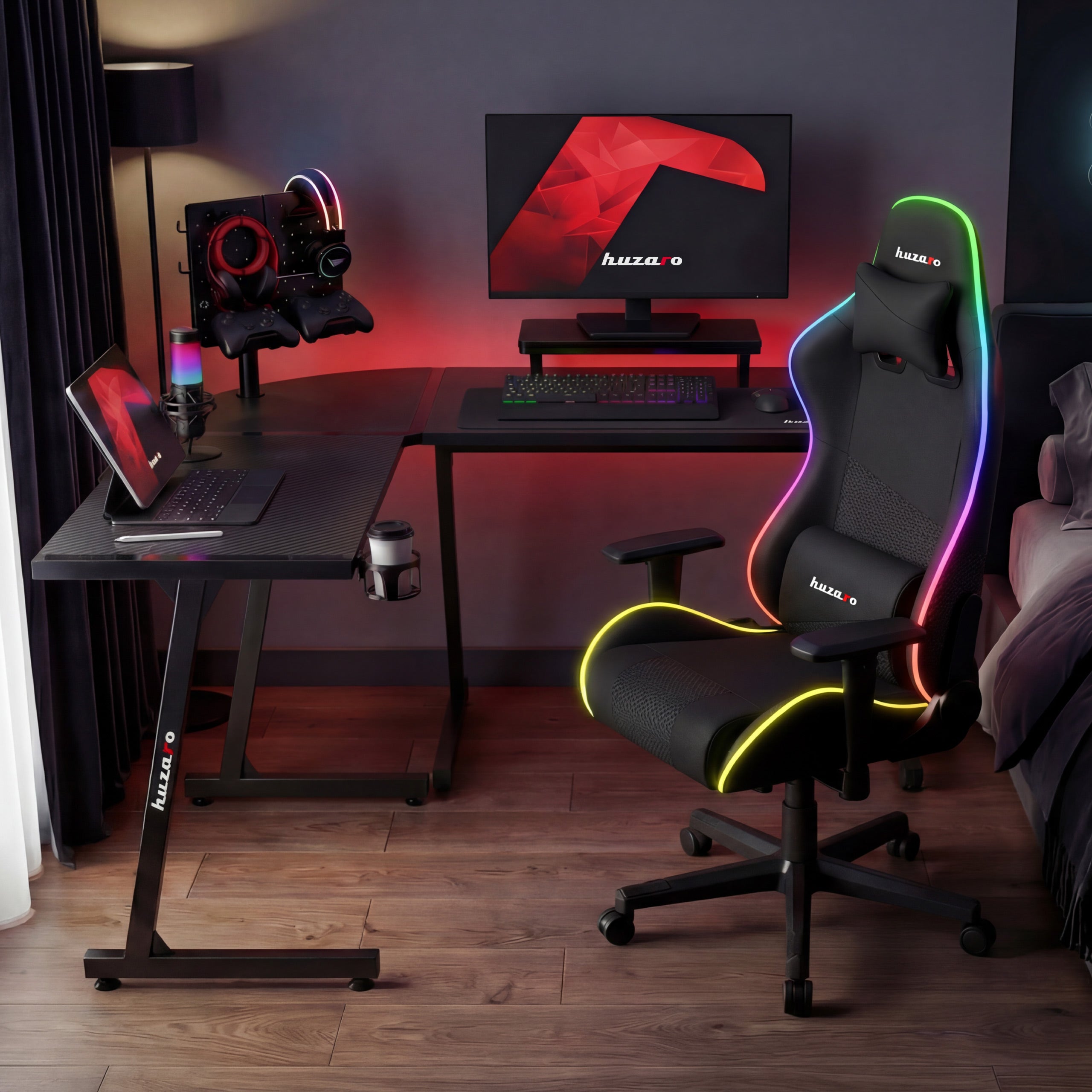 Herní rohový stůl HUZARO Hero 6.0 RGB Smart Black 147 cm